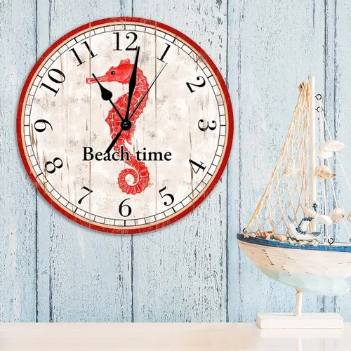 Miniatura 4 de Reloj de pared decorativo de madera con caballito de mar rojo, reloj de pared de madera de caballito de mar de playa, reloj de pared de cuarzo