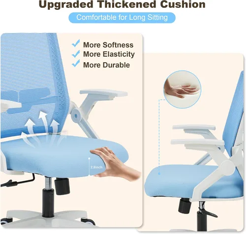 Miniatura 4 de Silla ergonómica de oficina con altura ajustable de malla, silla giratoria con brazos abatibles y soporte lumbar, color azul Brazos abatibles - Azul