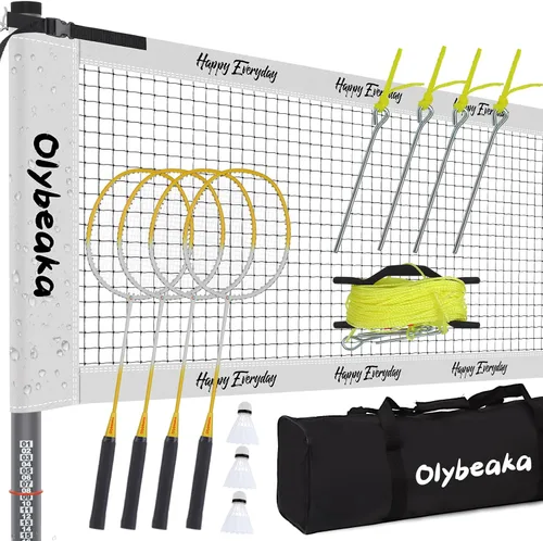 Juego de bádminton al aire libre para patio trasero, césped, playa, sistema de red de bádminton portátil con diseño antiflacidez, 4 raquetas de