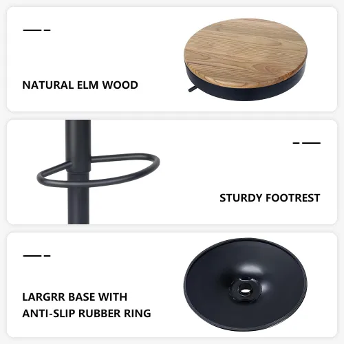 Miniatura 6 de Kidol & Shellder Juego de 2 taburetes de bar negros ajustables giratorios sin espalda, modernos y redondos de madera, sillas de barra de altura sin