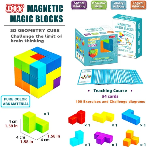 Miniatura 6 de Bloques de construcción magnéticos, cubos magnéticos 3D para rompecabezas, juego de 7 bloques magnéticos de múltiples formas con 54 tarjetas guía