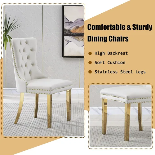 Miniatura 6 de Juego de mesa de comedor de 7 piezas, mesa de cocina de lujo de mármol sintético blanco de 70 pulgadas y 6 sillas copetudas de terciopelo beige