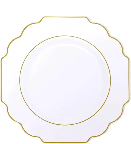 Miniatura 7 de Efavormart - Paquete de 10 platos de postre de plástico color rosa canela de 8 pulgadas, con borde dorado barroco, platos de ensalada desechables