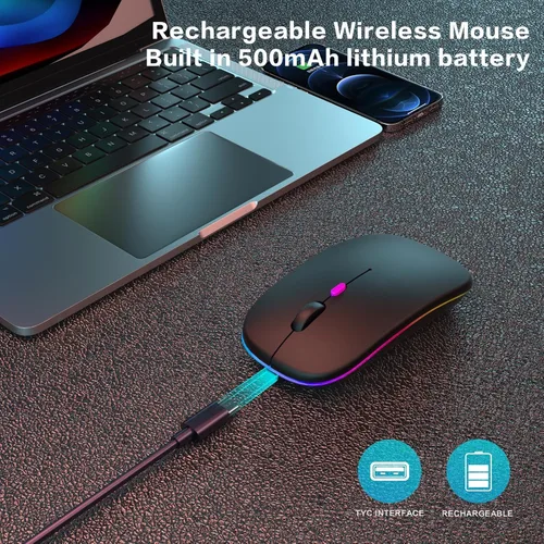 Miniatura 3 de AIKOKOK Ratón Inalámbrico Bluetooth Recargable para Laptop con LED Portátil (BT5.2 y USB 2.4G) Conexión de Modo Dual Ratón Silencioso Delgado