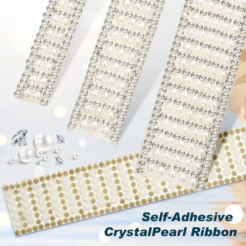 Miniatura 2 de Outus 3 rollos de calcomanías de perlas, cinta autoadhesiva con diamantes de imitación, tiras de cinta de cristal, para manualidades, boda