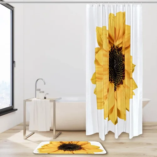 Miniatura 2 de KXO Juego de cortina de ducha impermeable con diseño de girasol amarillo, juego de cortina y alfombra de baño de poliéster con ganchos, 70.8 x 70.8