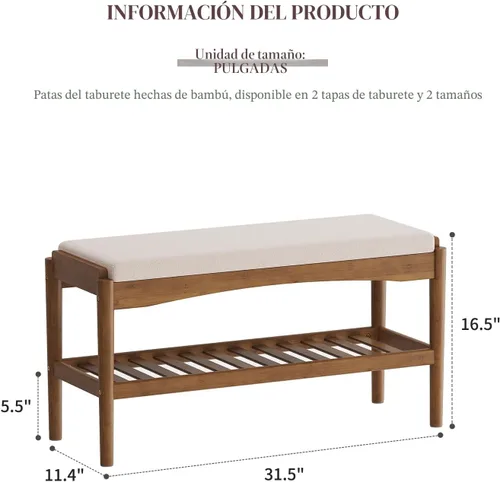 Miniatura 2 de STDDRE Banco de zapatos de entrada de bambú de 2 niveles con cojín de asiento acolchado, banco de zapatos, organizador estable para entrada, Marrón