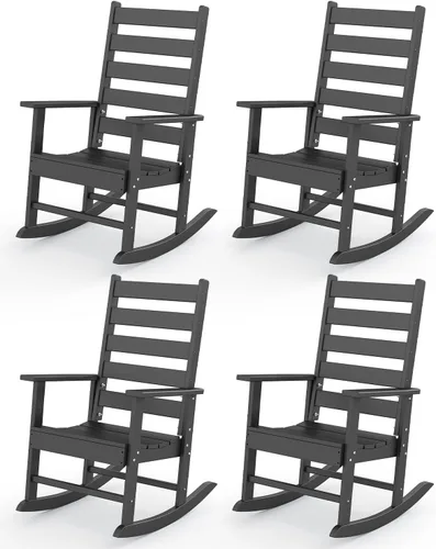 Miniatura 11 de GREENVINES Juego de 2 sillas mecedoras para exteriores Plástico HDPE Mecedoras de patio Silla mecedora de porche Coctelera De gran