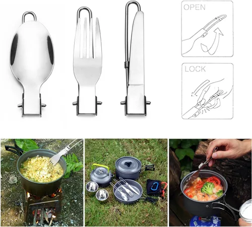 Miniatura 6 de Odoland Kit de utensilios de cocina para camping, olla ligera con 2 tazas, kit de cuchara de tenedor de acero inoxidable, gris para mochileros