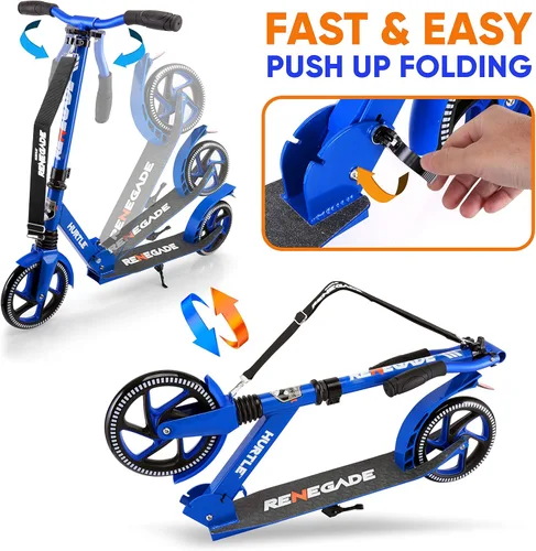 Miniatura 3 de Hurtle Renegade Kick Scooter for Kids, Teenagers & Adults - 2-Wheel Folding Scooter with Adjustable T-Bar Handlebar - Alloy Anti-Slip Deck Azul