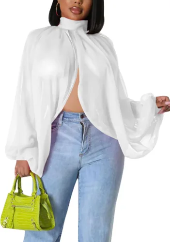 Miniatura 17 de Tops Sexys para Mujer Fiesta Club Noche con Mangas de Murciélago de Gasa Transparente con Lazo Trasero en la Parte Frontal Camisas de Mujer Casuales