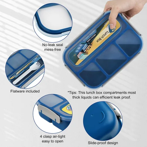 Miniatura 3 de MaMix Lonchera Bento para adultos, lonchera para niños, contenedores de almuerzo para adultos, niños, estudiantes, 44.0 fl oz, 4 compartimentos Azul