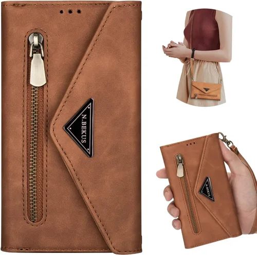 CCSamll - Funda tipo cartera cruzada para Samsung Galaxy S20 FE (no S20), bolsillo con cremallera, correa para el cuello, con 9 ranuras para Marrón
