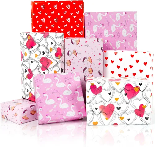 10 hojas de papel de regalo de cumpleaños de corazón rosa y rojo, hojas de papel de regalo para mujeres y niñas, papel de regalo para cumpleaños,