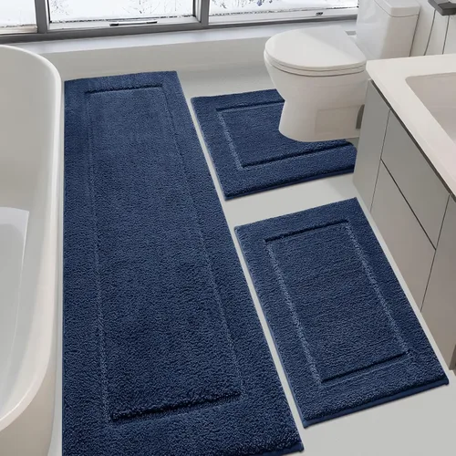 Miniatura 37 de Juego de alfombras de baño de 3 piezas de color blanco hueso, ultra suave, gruesa, esponjosa, microfibra absorbente, parte trasera antideslizante