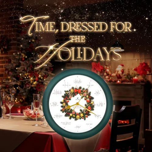 Miniatura 2 de JUSTIME Reloj de pared de 14 pulgadas dorado con melodía de corona de Navidad y 12 villancicos