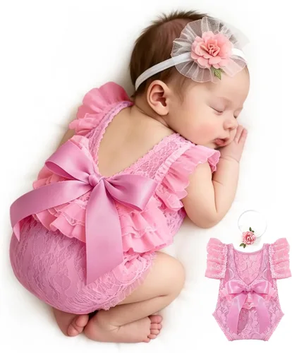 Miniatura 8 de ForBaysy Accesorios de Fotografía para Recién Nacidos Conjunto de Niña Mameluco de Encaje a Juego con Linda Diadema de Flores Vestido para Recién