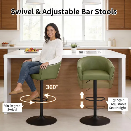 Miniatura 5 de FIRAVOE Juego de 2 taburetes de bar, taburetes de bar giratorios con respaldo y brazos, silla de bar ajustable de piel sintética de 24 a 34