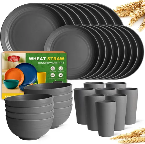 Miniatura 21 de Teivio - Juego de vajilla de paja de trigo de 32 piezas para cocina, juego de platos de plástico irrompible, servicio para 8, juego moderno de Negro