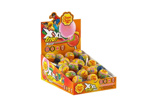 Chupa Chups XXL Trio Surtido de paletas 3 en 1, 4 sabores, dulces envueltos individualmente para niños, caja de exhibición de 48.9 onzas (48