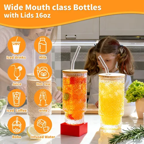 Miniatura 5 de Vasos de vidrio vintage con tapas y pajitas de bambú de 16 onzas, vaso vintage en relieve floral tazas de vidrio para whisky, cerveza, tazas de café