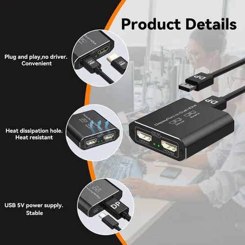 Miniatura 7 de Displayport a divisor HDMI dual extendido para pantalla doble 4K @60Hz puerto de pantalla a 2 adaptador HDMI para tarjetas gráficas de computadora