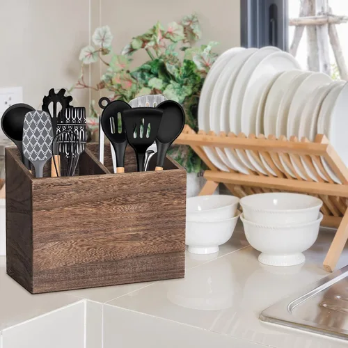 Miniatura 2 de Organizador de utensilios de cocina de madera con 2 compartimentos, soporte rústico para encimera de cocina, caja organizadora de utensilios