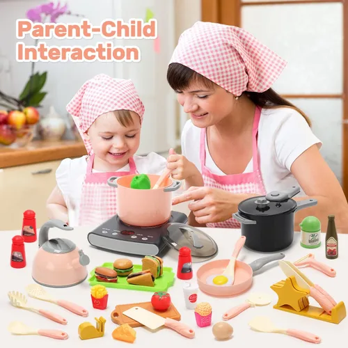 Miniatura 8 de CUTE STONE Juego de accesorios de cocina, juego de juguetes de cocina para niños con ollas y sartenes, placa de cocina electrónica de inducción