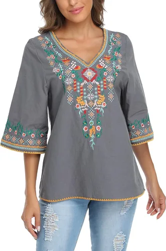 Miniatura 4 de YZXDORWJ Blusa campesina mexicana bordada con cuello en V para mujer