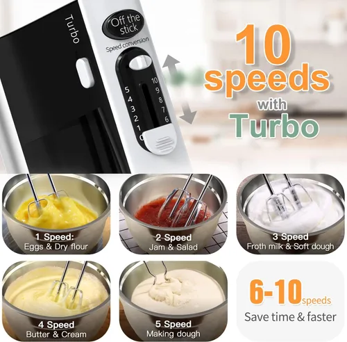 Miniatura 3 de Batidora de mano eléctrica de 600 W con 6 cuencos de mezcla con juego de tapas herméticas, mezclador eléctrico de mano de acero inoxidable de metal