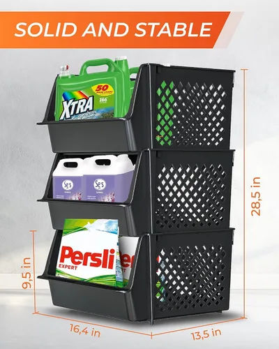 Miniatura 3 de Skywin TidyFriend - Recipientes apilables de plástico grandes para despensa, paquete de 3 contenedores apilables para organizar artículos esenciales