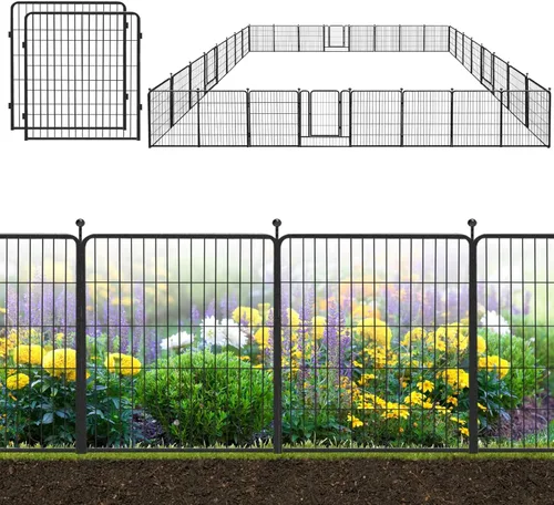 Miniatura 29 de Valla decorativa de metal negro para jardín con puerta, 82 pies de largo, 32 pulgadas de alto, 36 paneles de valla sin excavación, valla de barrera