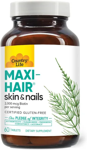 Country Life Suplemento Maxi-Hair - 2000 mcg de biotina y vitaminas para cabello, piel y uñas - Certificado sin gluten y vegetariano - Apoya el
