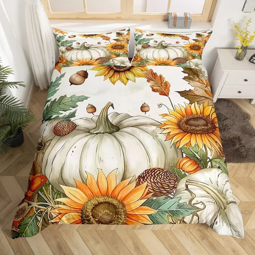 Miniatura 32 de Erosebridal Juego de funda de edredón individual de pavo de Acción de Gracias, juego de ropa de cama de calabaza y hojas de otoño para niños