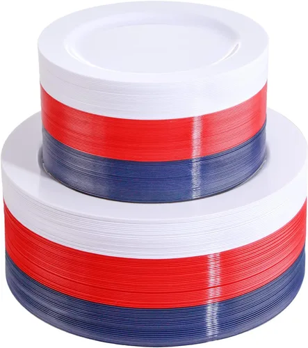 FLOWERCAT 180 platos del 4 de julio para el Día de la Independencia – Las decoraciones incluyen 60 platos azules, 60 platos blancos y 60 platos rojos