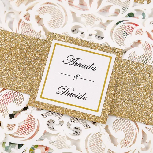 Miniatura 7 de Tarjetas de invitaciones de boda cuadradas de 6.3 x 6.3 pulgadas, corte calado mediante láser, diseño floral, con banda dorada y sobres blancos