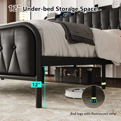 Miniatura 5 de iPormis Base de cama de metal de tamaño completo con estación de carga, cabecera y pie de cama de cuero sintético, soporte de acero resistente, Negro
