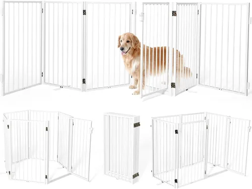 Miniatura 18 de Puertas de metal independientes para perros con puerta para interiores y exteriores, 80 pulgadas, extra ancho, 32 pulgadas de alto, puerta Blanco
