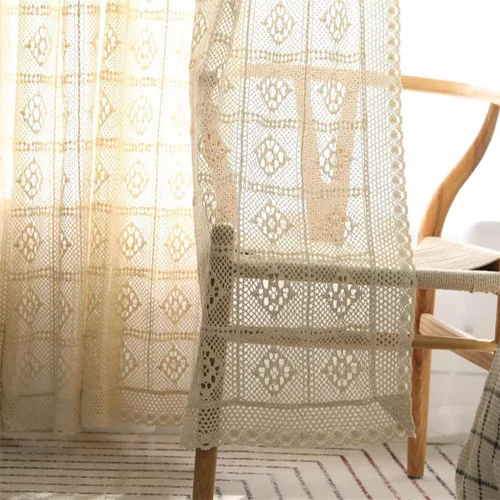 Miniatura 4 de Cortinas rústicas de ganchillo para sala de estar, paneles de cortina de encaje de punto hueco para dormitorio, bolsillo para barra, cortinas