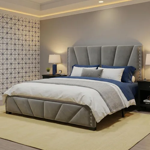 Miniatura 14 de EnHomee Base de cama de plataforma individual con cabecera ajustable tapizada de terciopelo, luces LED y estación de carga para dormitorio, Beige