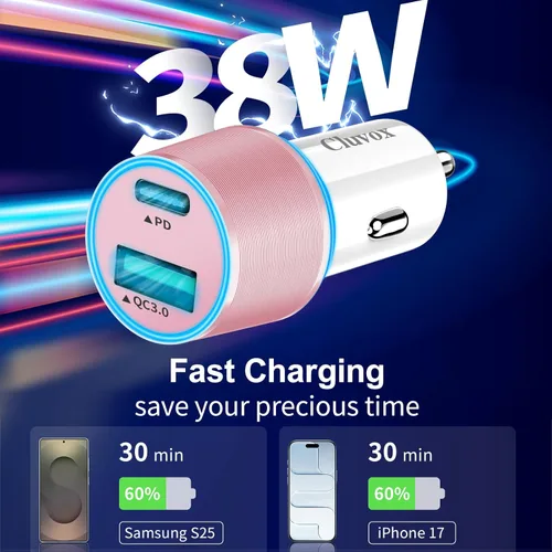 Miniatura 5 de Adaptador de cargador de coche USB C de 38 W, 20 W rápido USB-C y puertos QC3.0 rápidos de 18 W, adaptador de encendedor de cigarrillos de 12 V