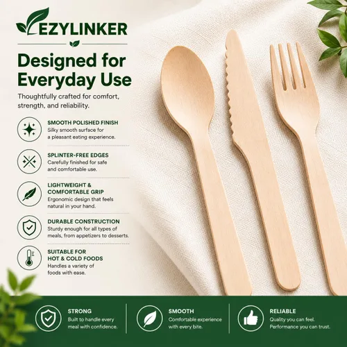 Miniatura 4 de Juego de cubiertos compostables de edición especial (150 piezas) – Juego de cubiertos de madera desechables – Alternativa al plástico, ecológico