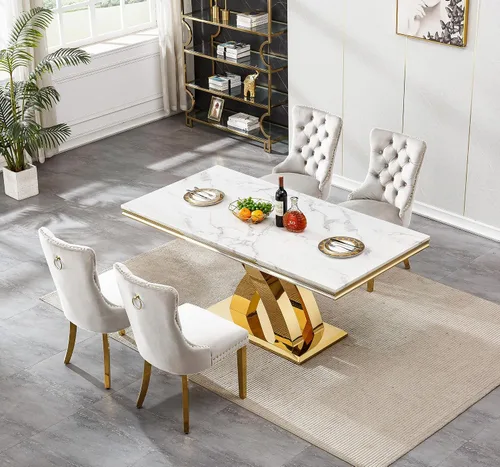 Miniatura 4 de Moderno juego de mesa de comedor de mármol para 4, juego de mesa de comedor de lujo para 4, mesa de comedor de mármol sintético de 68 pulgadas