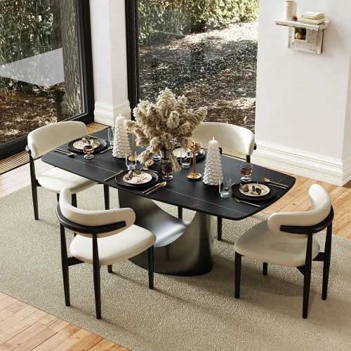 Miniatura 11 de POVISON Juego de mesa de comedor para 4, mesa rectangular negra de piedra sinterizada mate de 63 pulgadas con base de acero al carbono bronce, silla