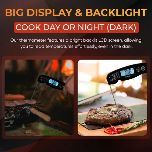 Miniatura 5 de Termómetro para carne Ultrarápido e impermeable Retroiluminación brillante y sonda de grado alimenticio Apagado automático Incluye tabla