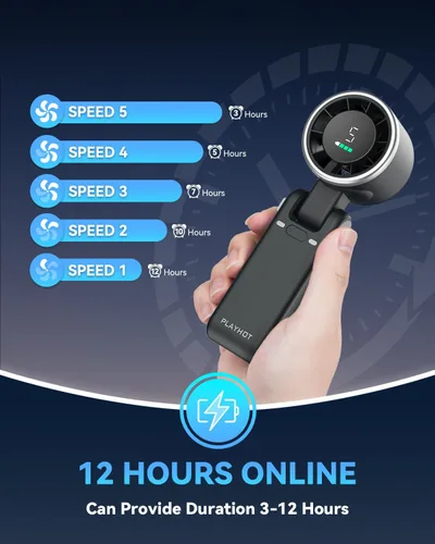 Miniatura 3 de PlayHot Ventilador turbo portátil de mano, de 5 velocidades, funciona con pilas, hasta 12 horas de batería, de mano 3 en 1, con refrigeración Air