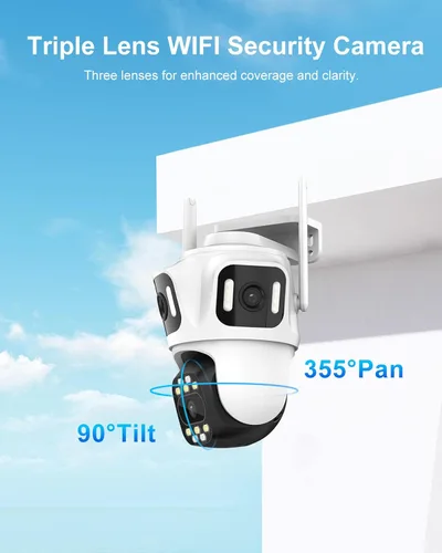 Miniatura 3 de Cámara de seguridad para exteriores de triple lente WiFi de 9 MP, tres cámaras en una, panorámica/inclinación de 360°, seguimiento automático