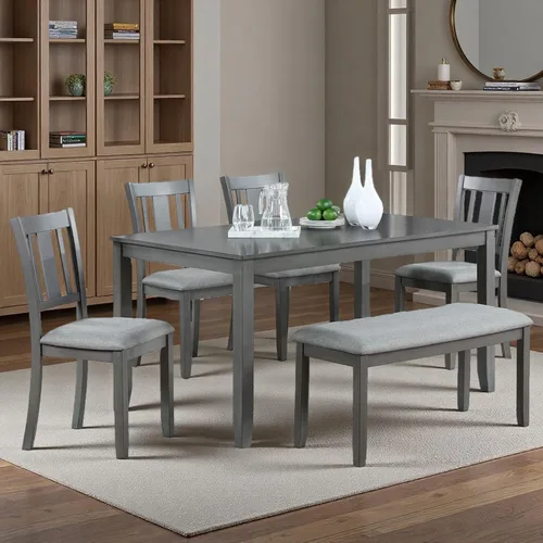 Miniatura 13 de Juego de mesa de comedor de 6 piezas para 4-6 personas, juego de cocina con 4 sillas tapizadas y un banco, sillas de sala de estar con respaldo