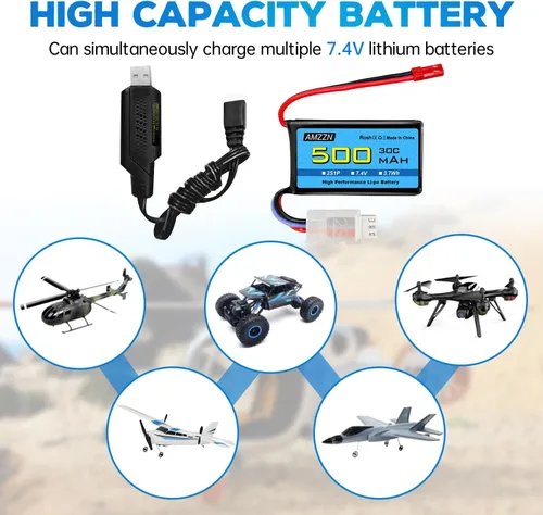 Miniatura 2 de 7.4V 500mAh 30C JST-2P Plug Lipo batería con USB para helicópteros controlados a distancia, cuadricópteros, autos de carreras micro FPV, drones