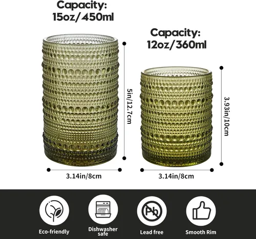 Miniatura 2 de HomeVogue Hobnail - Juego de 6 vasos para beber de 15 oz, juego de cristalería vintage, juego de vasos de cóctel, vasos de agua verdes en relieve